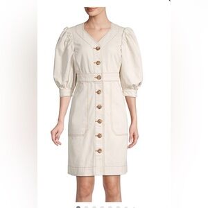 Tory Burch Cream Button-Front Midi Dress with Puff Sleeves